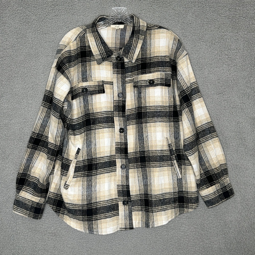 Easel Los Angeles Plaid Shacket Jacket M Wool Blend Beige Black Oversized Grunge